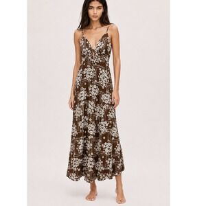 Paper Heart Anthropologie Brown Botanical Floral Linen Maxi Dress Size L